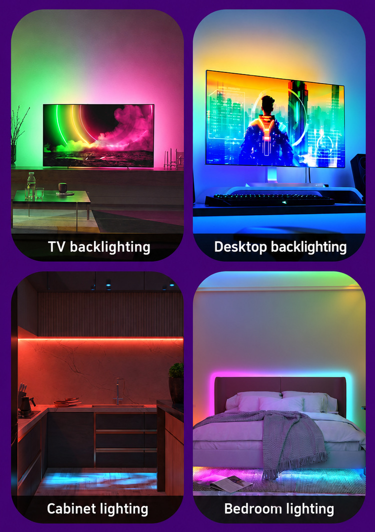 RGB accents around a television, desktop, kitchen cabinets and bed.