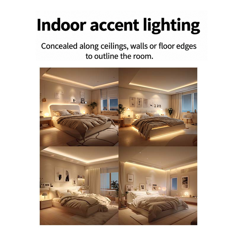 Warm-white accent lighting around bedroom ceilings and bed bases