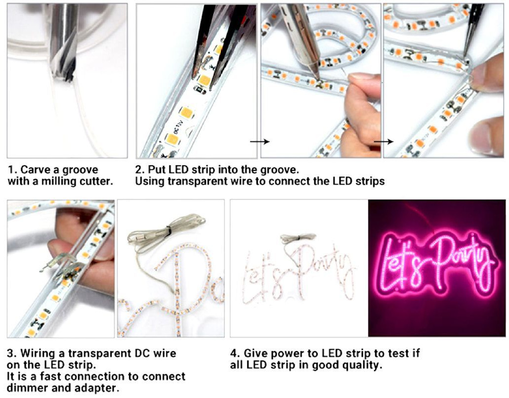 Routing, fixing and connecting a strip inside a lettering assembly.