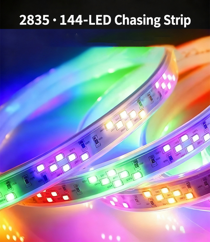 Illuminated 2835 144-LED chasing strip with multicolour LEDs.