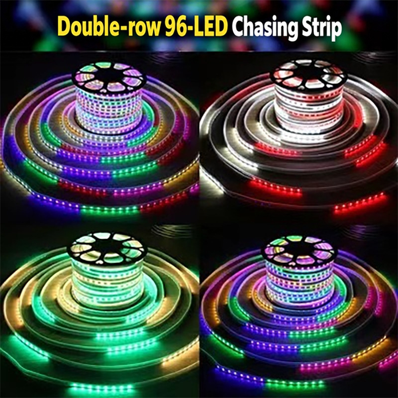 Four lighting views of a double-row 96-LED chasing strip reel.
