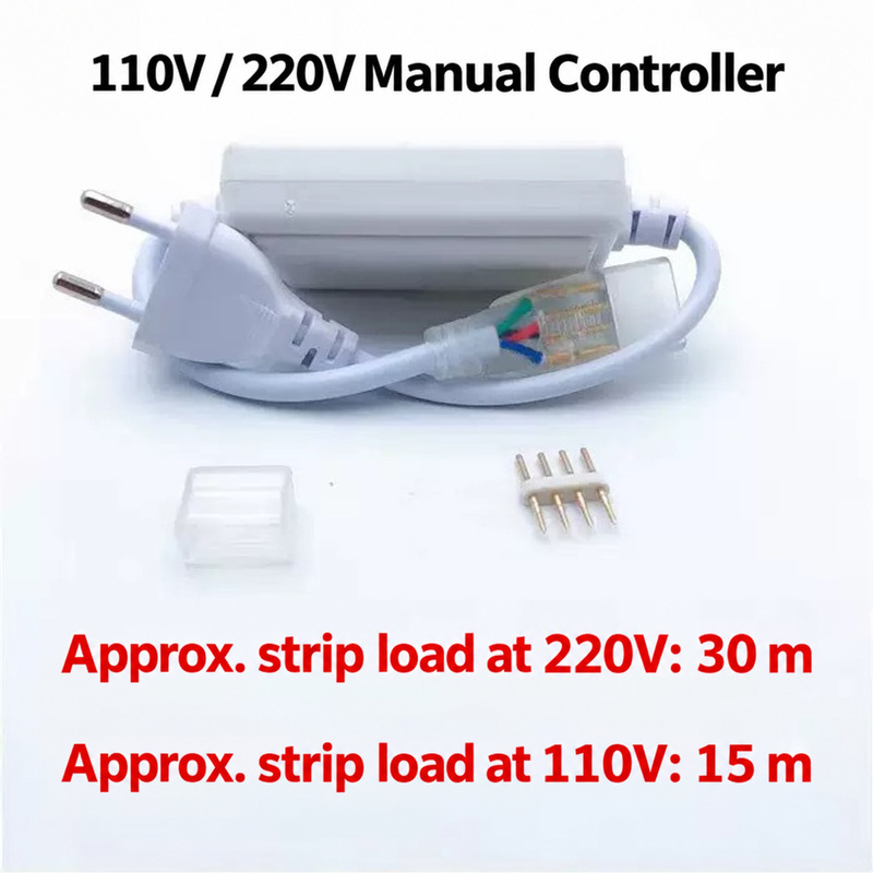 Manual controller with plug, four-pin connector and voltage-dependent strip-load information.