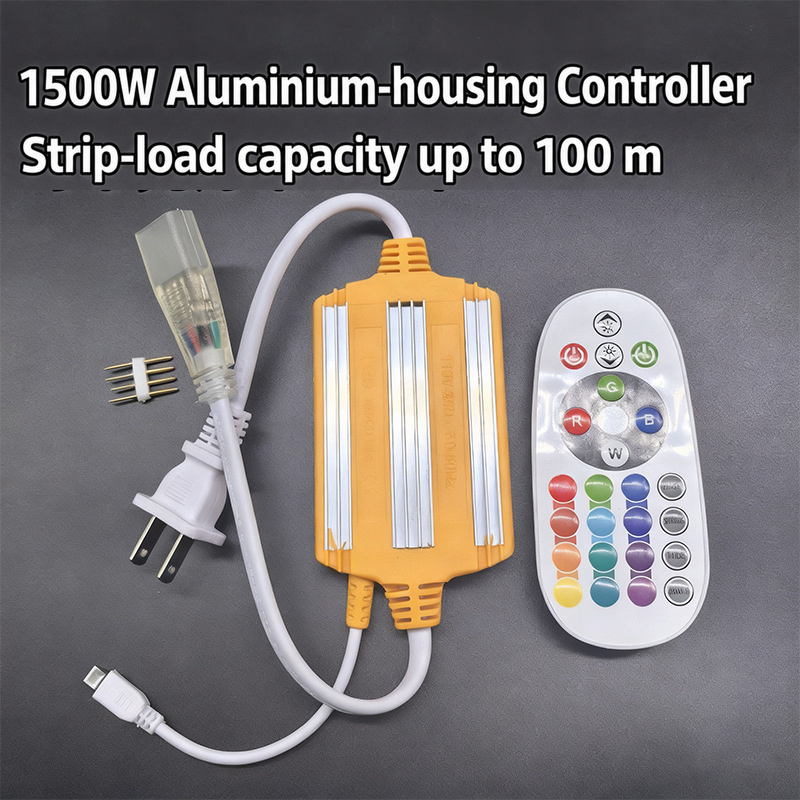 Aluminium-housing 1500W controller with remote, plug and four-pin connector.
