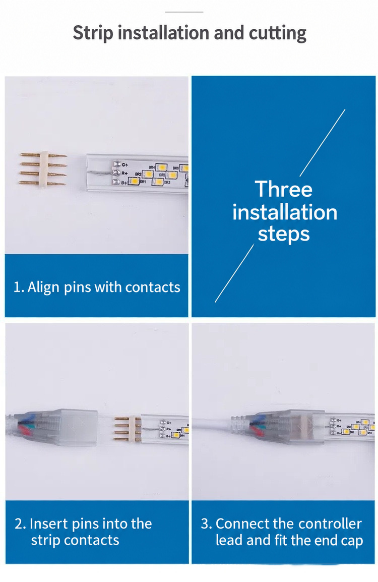 Three photographic steps showing pin alignment and strip-to-controller connection.
