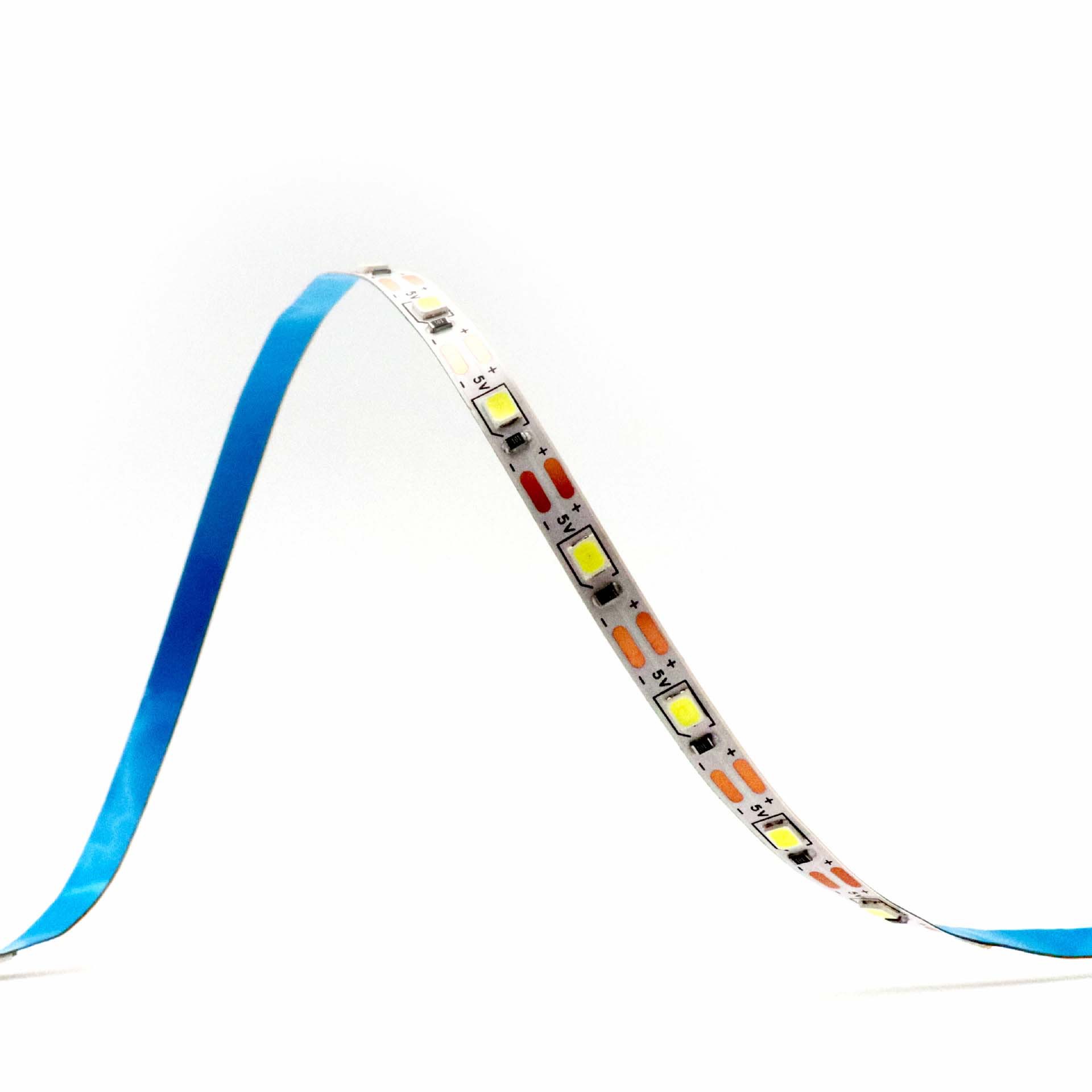 Peel-off blue adhesive backing on a 5V SMD strip.