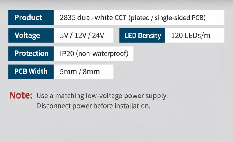 Dual-white 120 LEDs per metre strip specifications