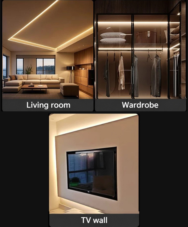 Dual-white lighting applications in a living room, wardrobe and TV wall