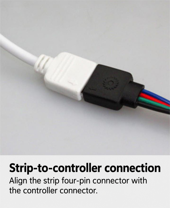 Four-wire RGB strip connector aligned with the controller lead