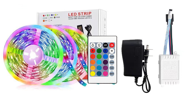 Lit RGB strip with 24-key remote, controller, adapter and printed box