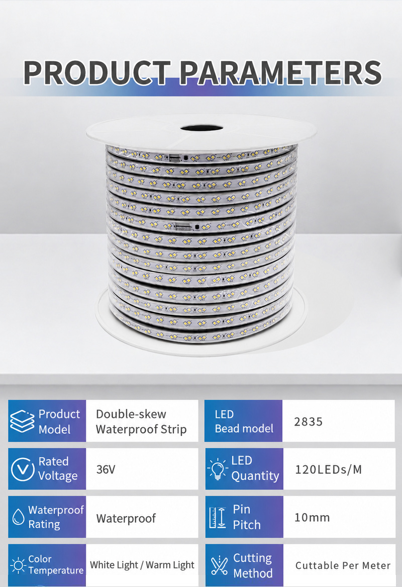 36V 2835 diagonal double-row strip with 120 LEDs per metre and 10mm pin pitch.