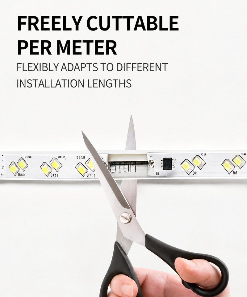 Scissors aligned with a marked cutting interval on a 36V strip.