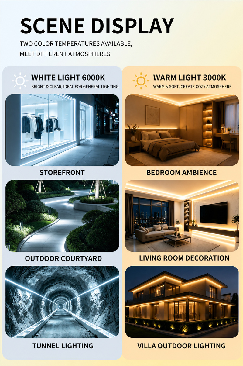 White and warm-white decorative strip-lighting examples.