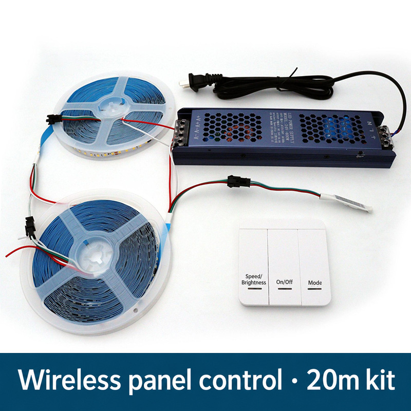 Two strip reels with a three-button panel and power supply.