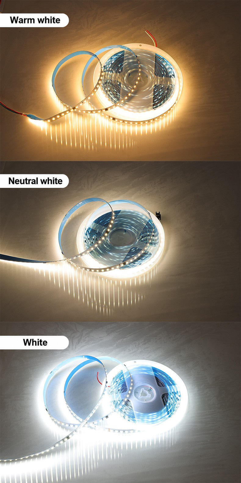 Warm-white, neutral-white and white strip options.