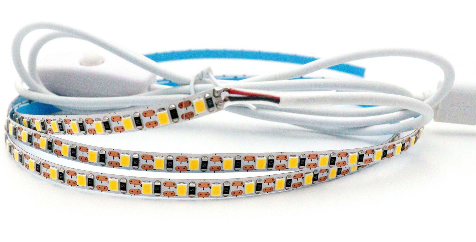SMD LED strip with a white inline push-button switch and cable.