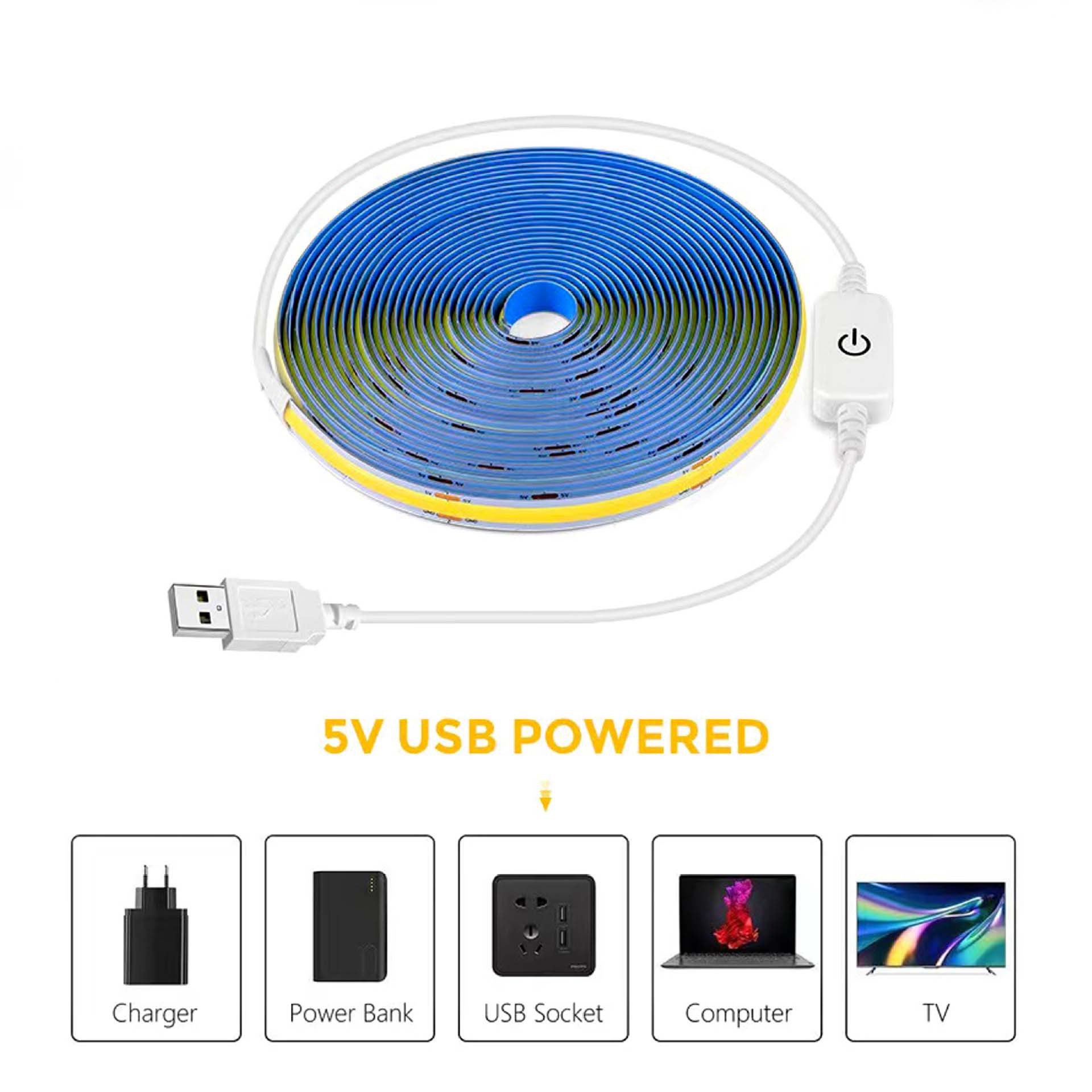 COB strip reel with USB touch switch and examples of USB power sources.