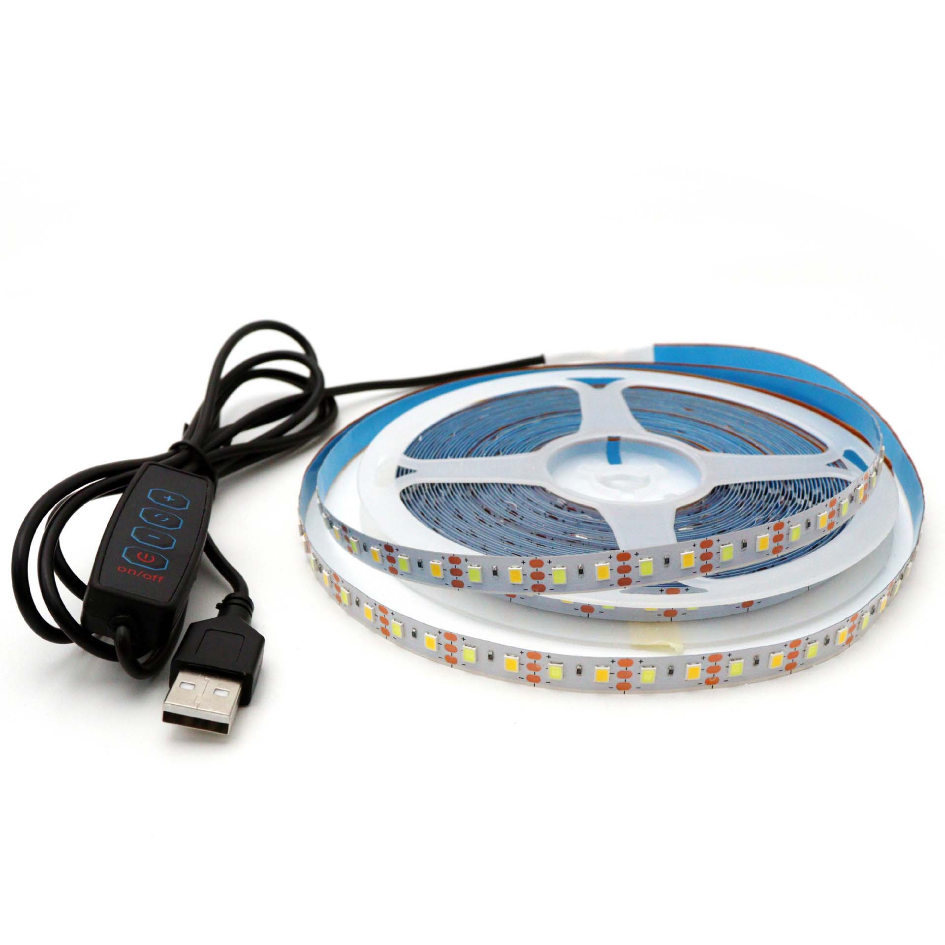 Two-colour SMD strip reel with black USB three-white-mode control.