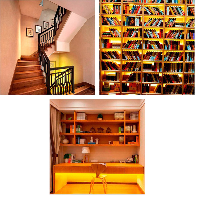 Stair, bookshelf and desk accent-lighting examples.