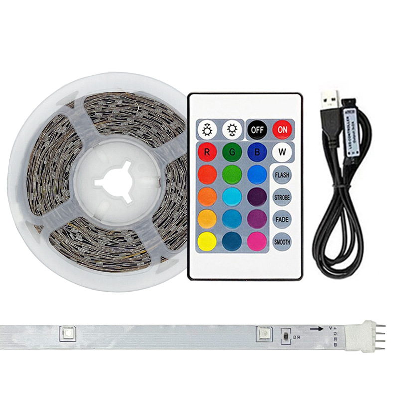 RGB strip, 24-key IR remote and USB power lead.