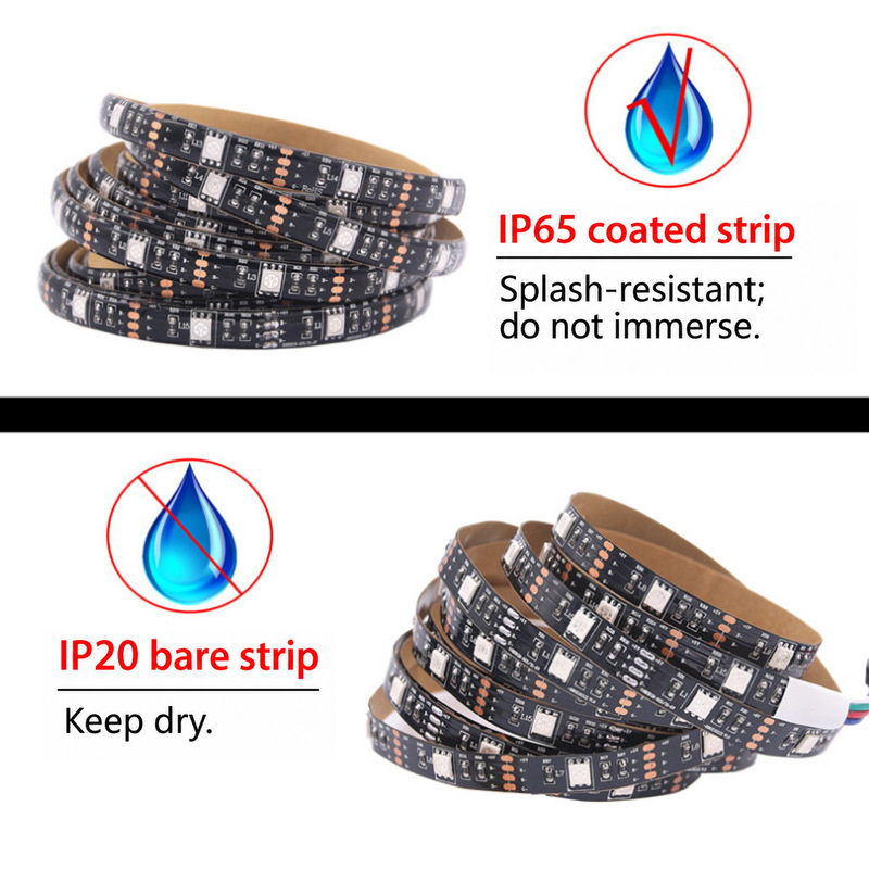 Coated and bare RGB strips with splash and dry-use limitations.