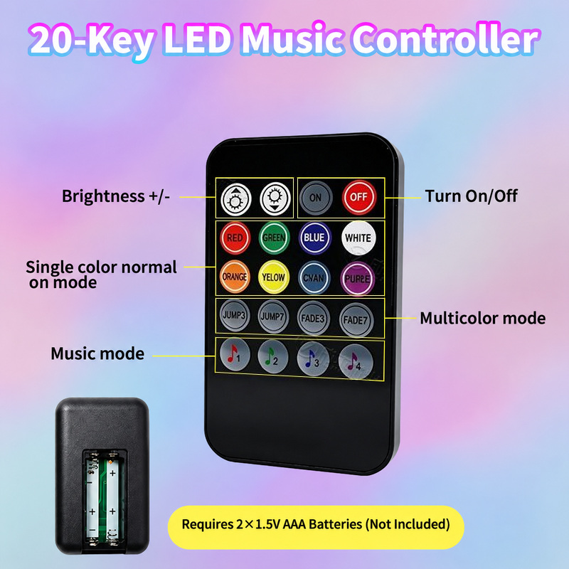 20-key remote showing brightness, colour, multicolour and music controls.