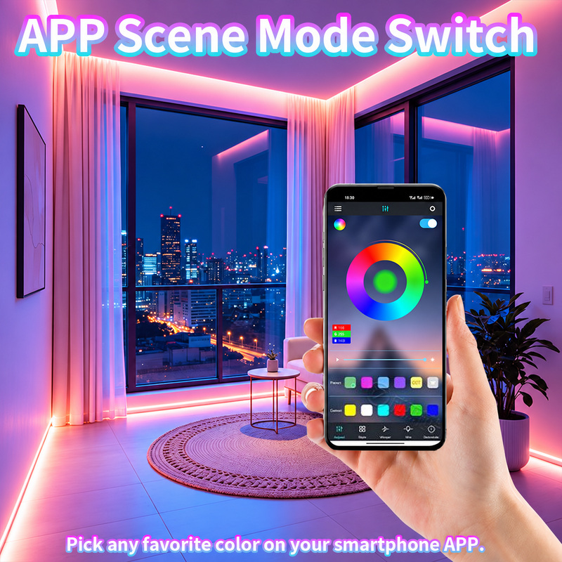 Smartphone colour-control illustration with RGB room lighting.