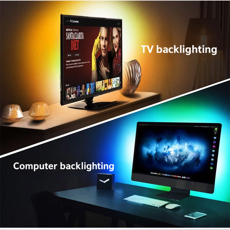 Warm and cyan backlighting around a television and computer