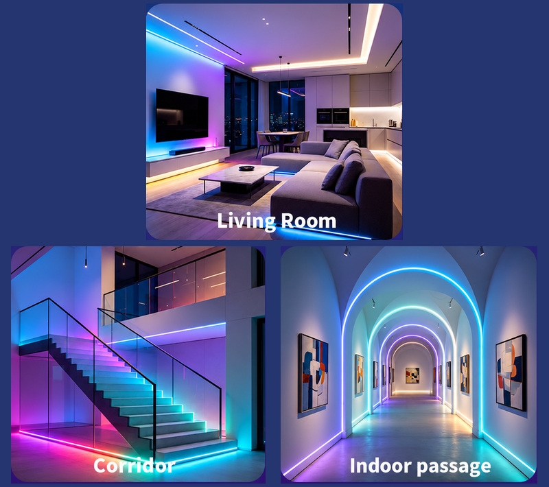 RGB accent lighting in a living room, stairway and indoor passage.