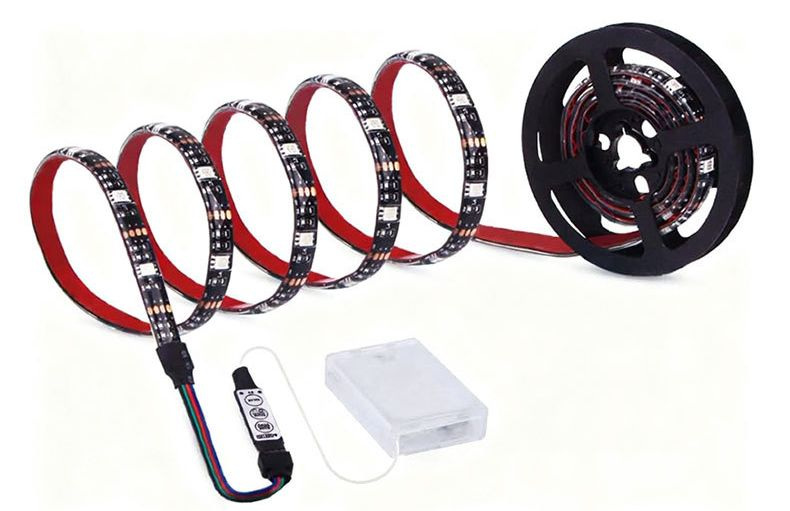 RGB strip reel with three-button controller and battery box