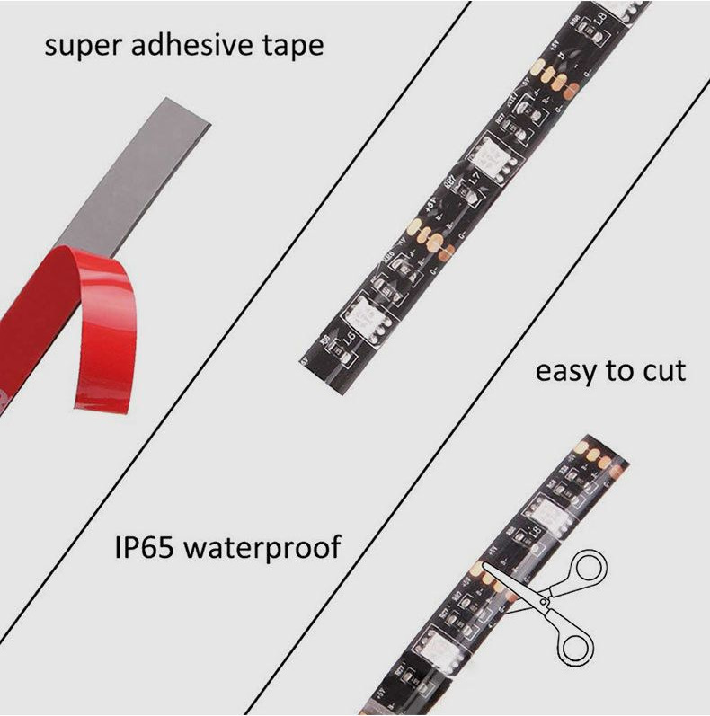 Red adhesive liner and marked copper cut pads on an RGB strip
