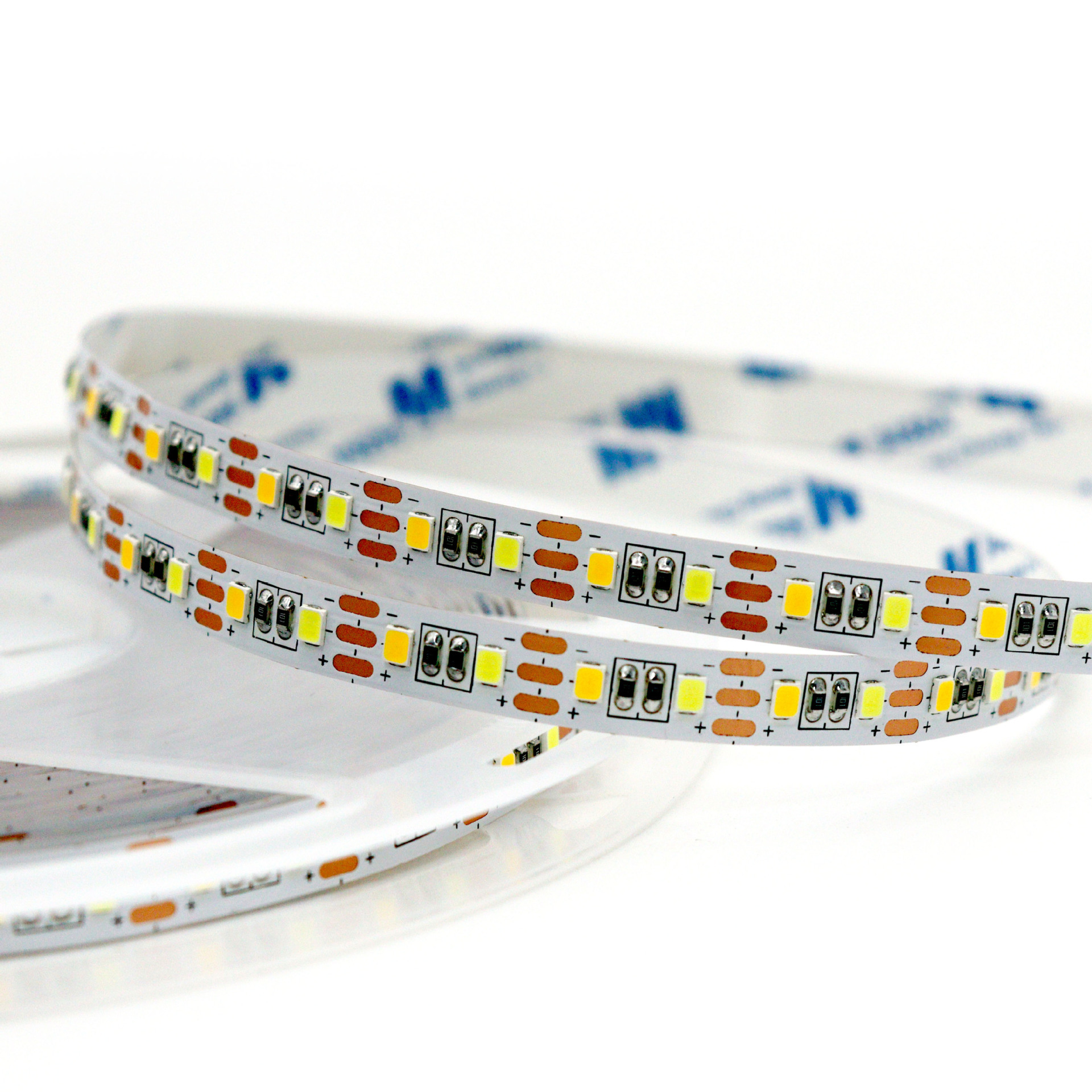 Alternating warm-white and white LEDs with paired resistors.