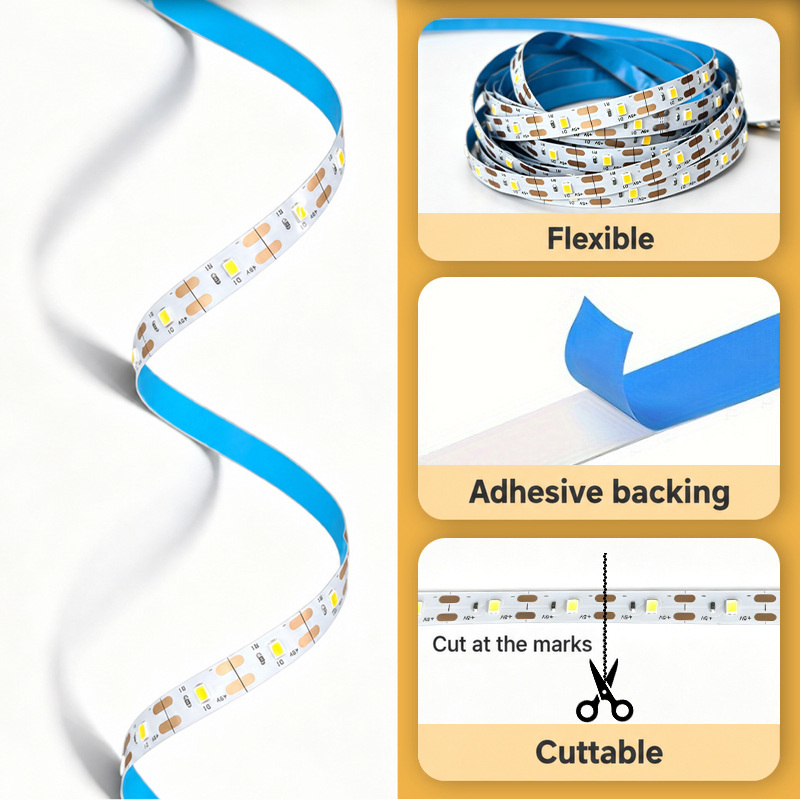 Flexible strip, blue adhesive backing and marked cutting pads.