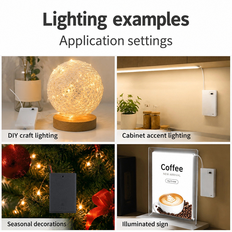 Battery-powered lighting examples for crafts, cabinets, decorations and an illuminated sign.