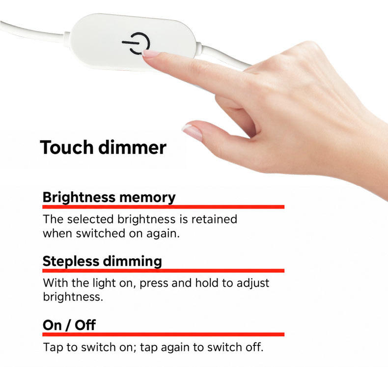 Touch control with brightness memory, dimming and on-off instructions