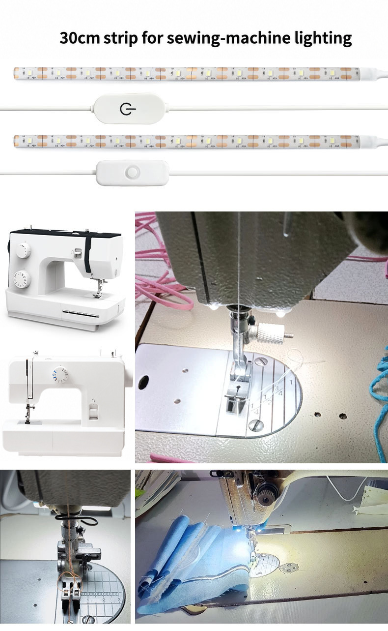 Short strip and control examples illuminating sewing-machine work areas