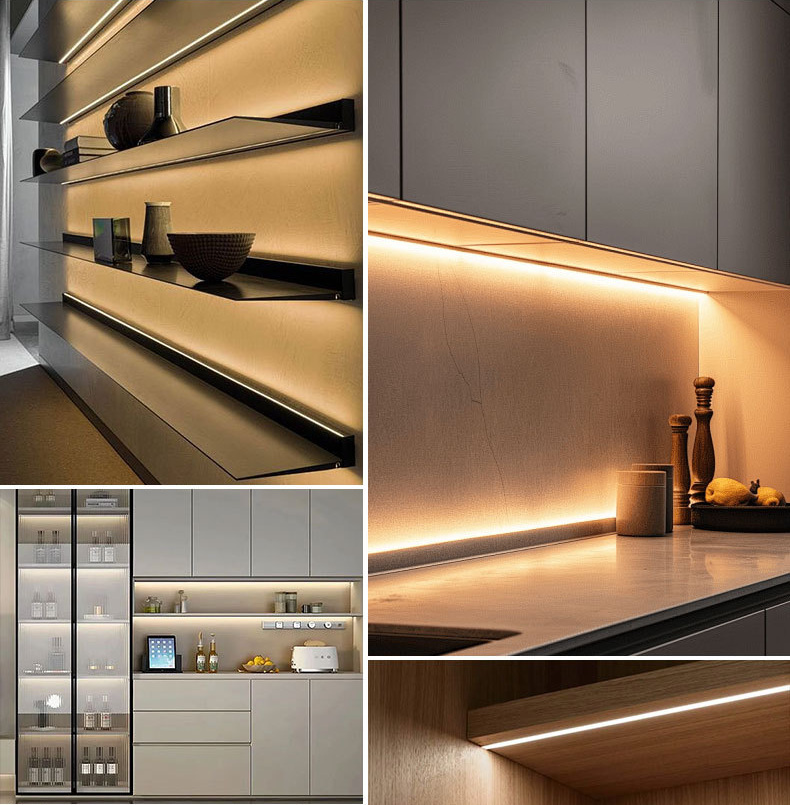 Warm-white accent lighting on shelves and cabinets