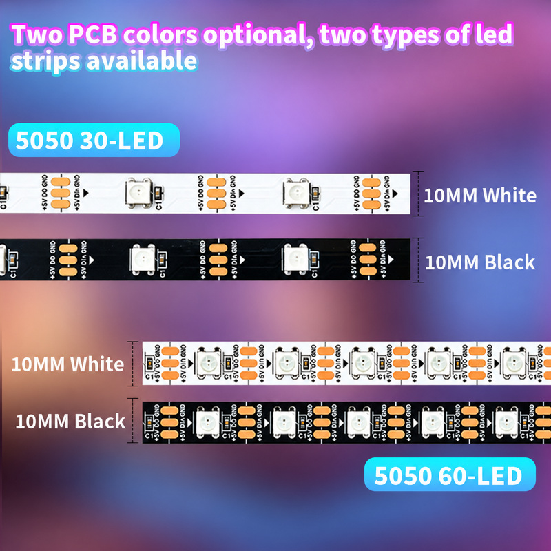 White and black 10 mm strip boards with 30 and 60 LEDs per metre