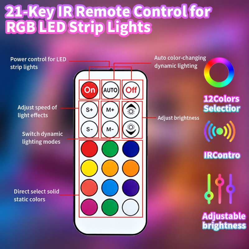21-key infrared remote with power, colour, speed, mode and brightness controls