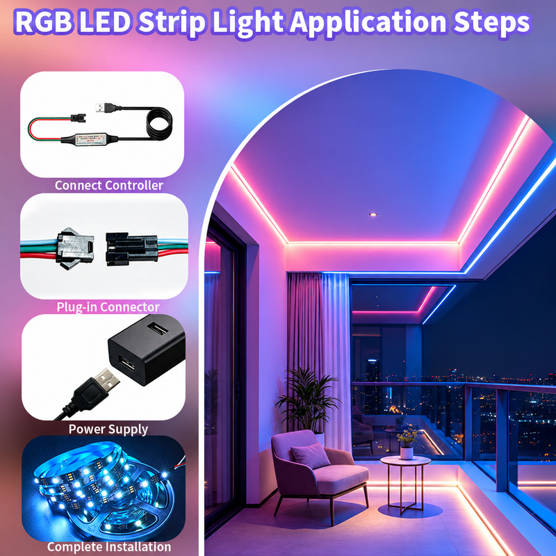 Three-wire controller connection and USB power supply for RGB strip lighting