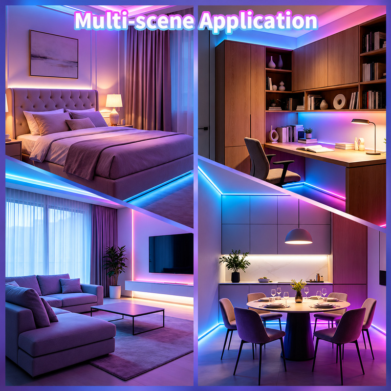RGB accent lighting around a bed, desk, television and dining area