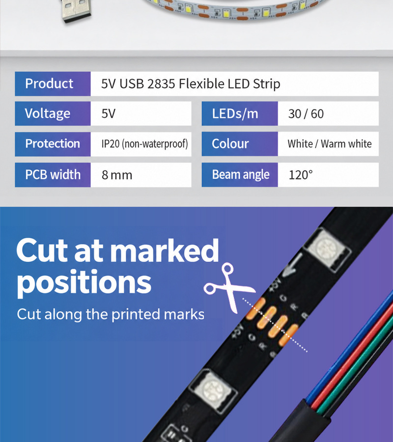 5V USB 2835 strip specifications and a marked strip cutting position.
