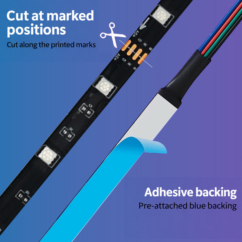 Marked cutting pads and peeled blue adhesive backing on an RGB strip.