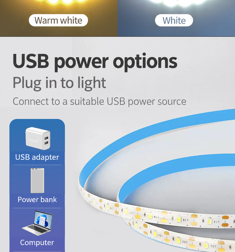 White and warm-white strip examples with USB adapter, power bank and computer power-source illustrations.