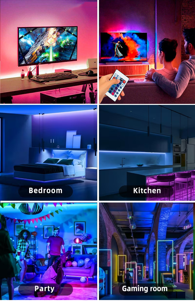 Indoor backlighting examples for television, computer, bedroom and kitchen settings.