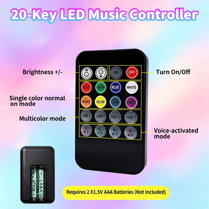 Twenty-key infrared remote with colour, brightness and music controls