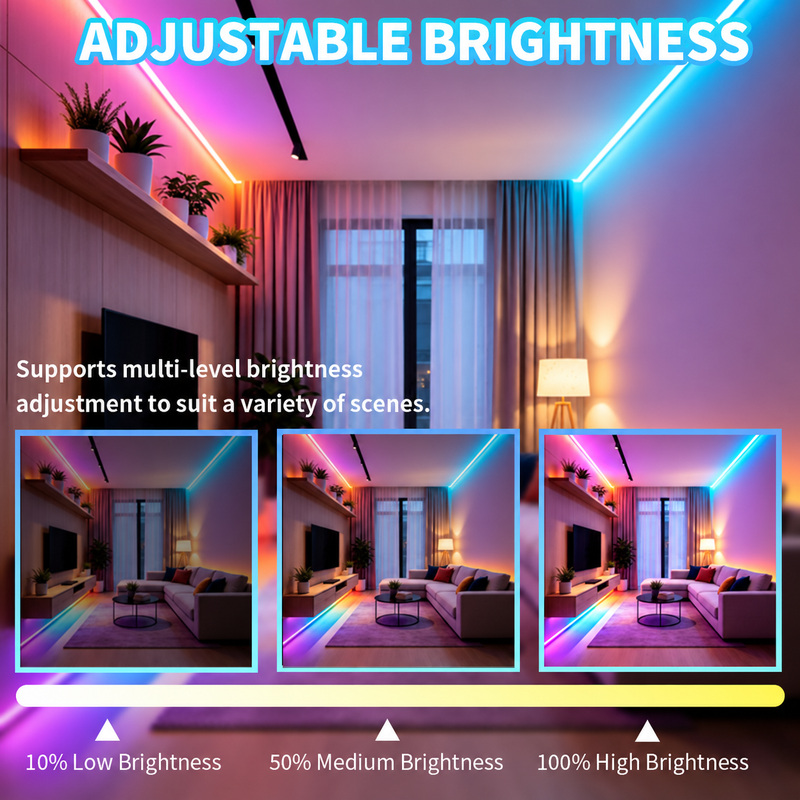 Three illustrated brightness levels of RGB room lighting