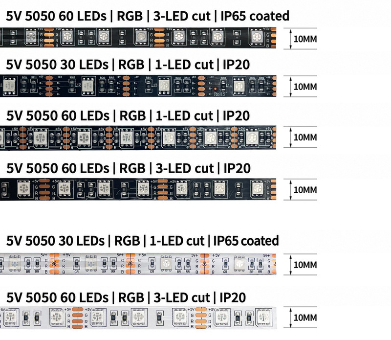 RGB strip PCB, density, cut intervals and coating options