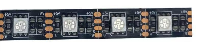 Black 5V RGB PCB with four-channel solder pads and individual LED sections