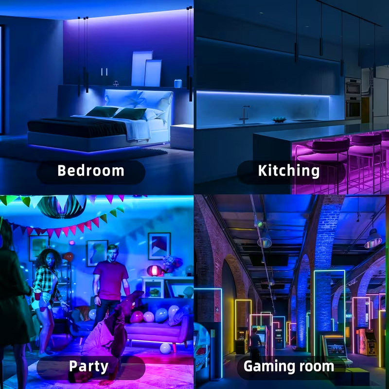 RGB accent lighting in a bedroom, kitchen, party area and gaming room