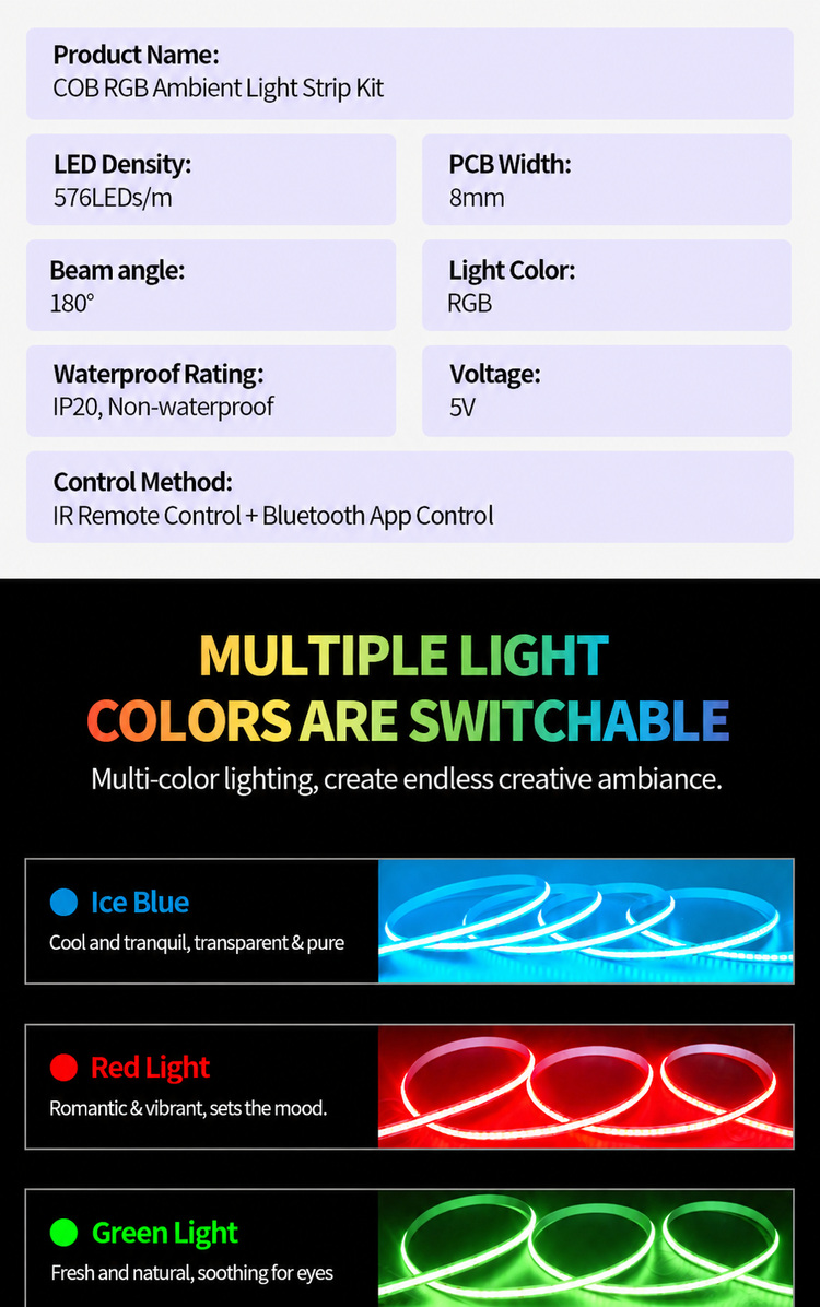 COB RGB strip parameters and three light colours